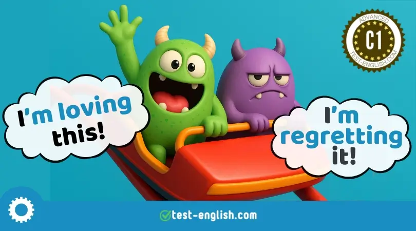 Two cartoon monsters on a roller coaster using advanced forms of present simple and continuous for a C1 grammar lesson