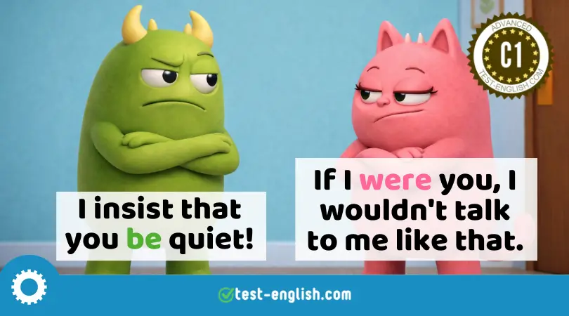 Cartoon monsters arguing using 'I insist that you be quiet' and 'If I were you' for C1 grammar lesson on the subjunctive