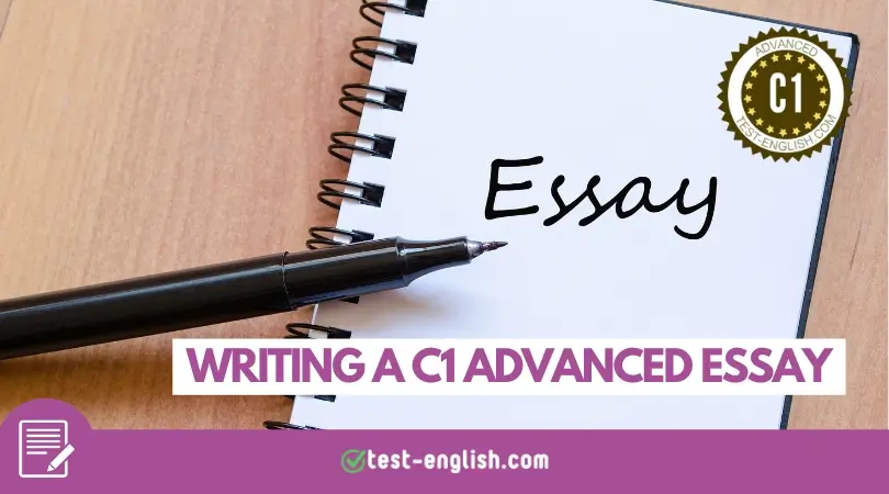 C1 Advanced essay writing lesson cover showing notebook with the word essay and pen.