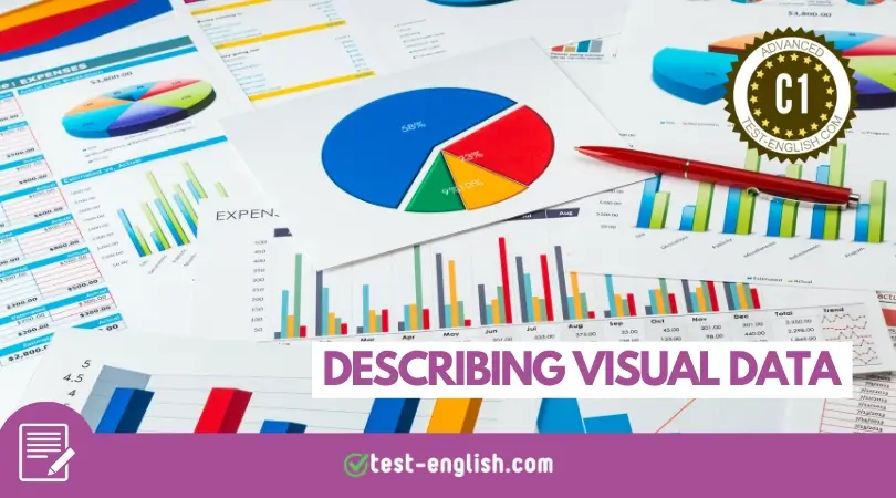 Image showing visual data with bar charts, pie charts and line graphs for an ESL C1 writing lesson.