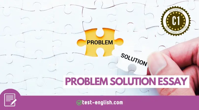 Featured image for a problem-solution essay lesson with a puzzle showing 'problem' and 'solution' pieces fitting together, labeled C1 level.