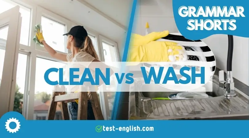 Woman cleaning a window and gloved hand washing dishes, illustrating the difference between ‘clean’ and ‘wash’ for English grammar.