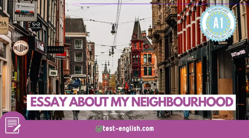 A bustling European-style street with colorful buildings, shops, and pedestrians, used as the featured image for an ESL A1 writing lesson titled 'Essay About My Neighbourhood.'
