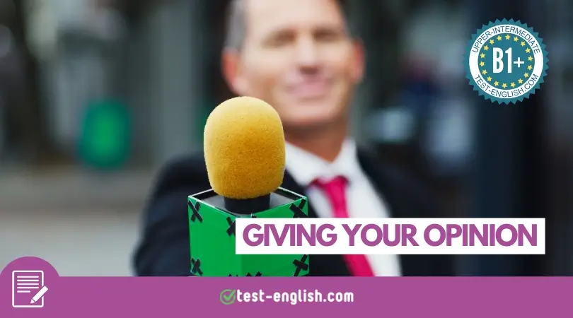 Person holding a microphone, symbolising expressing opinions for a B1+ English writing lesson.