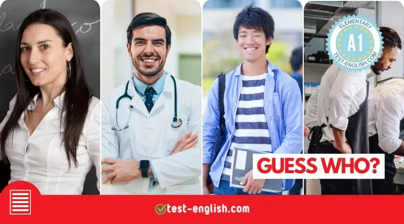 Four people representing different professions and hobbies for an A1 English reading test: a female teacher, a male doctor, a male student, and a male chef.
