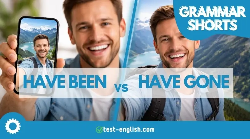Close-up of a man showing his photo at a lake, and a man at the lake for B1 grammar lesson on 'have been' vs 'have gone'