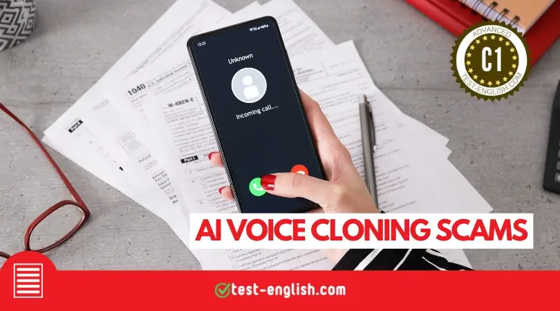 Person receiving suspicious phone call for C1 English Reading Test on AI voice cloning scams