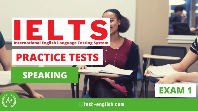 Students engaged in a speaking practice test for IELTS in a classroom setting, with a teacher listening attentively.