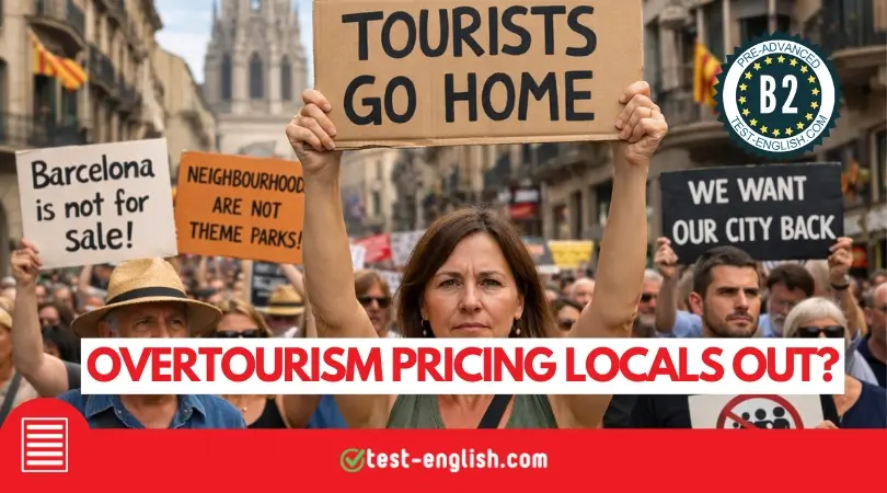 Protest against overtourism in Barcelona with sign 'Tourists go home' for B2 reading test on overtourism and housing prices