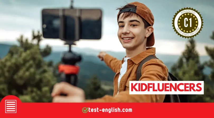 Teen recording a vlog with smartphone on tripod for C1 English reading test on Kidfluencers