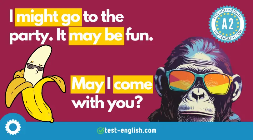 Colorful grammar lesson image featuring a cartoon banana, a cool chimpanzee with sunglasses, and text examples for using 'might' and 'may.