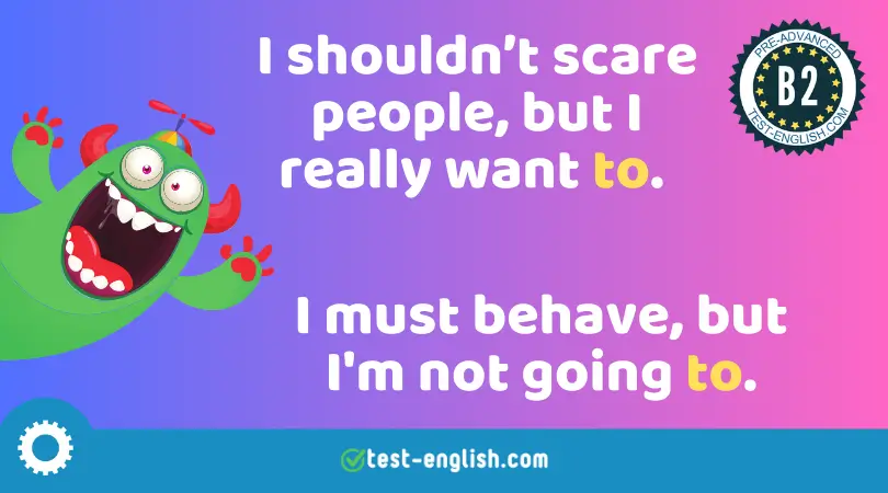 Funny cartoon monster with dialogue about reduced infinitives for B2 English grammar lesson.