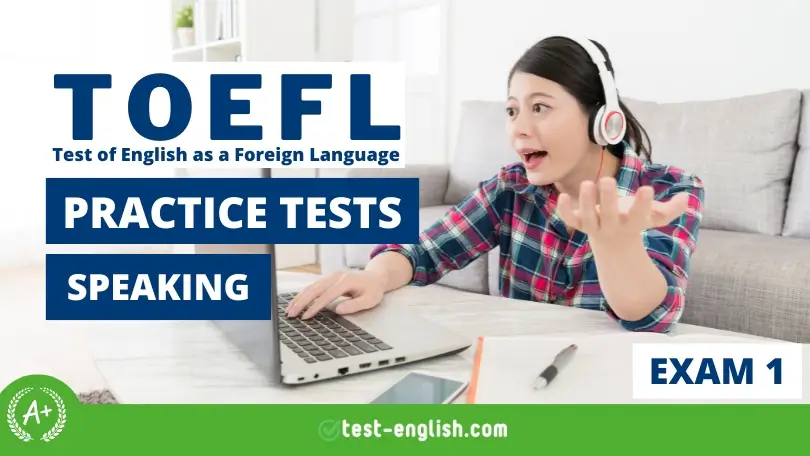 Young woman wearing headphones and speaking confidently into her laptop while practicing for the TOEFL iBT Speaking exam.