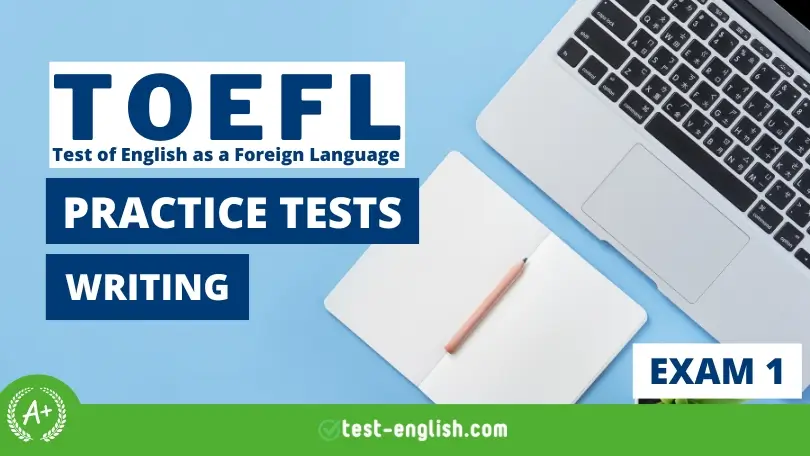 Notebook and laptop arranged neatly on a desk, symbolizing preparation for the TOEFL iBT Writing exam with sample tasks and answers.