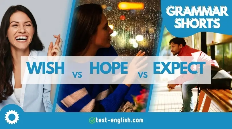 Three people illustrating the concepts of the verbs wish, hope, and expect for grammar lesson.