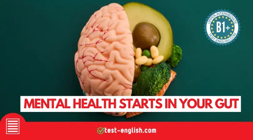Model of a brain made from healthy foods like avocado, broccoli, and grains for a B1+ reading test on diet and mental health.