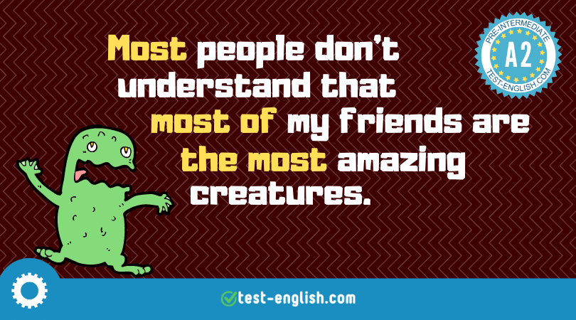 Illustration of a friendly green monster with the text 'Most people don't understand that most of my friends are the most amazing creatures,' emphasizing the grammar points 'most', 'most of', and 'the most' for A2 English level.